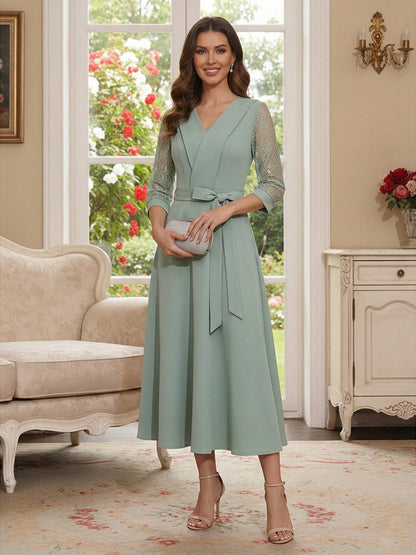Robe Mère de la Mariée Ligne A Col en V Manches 3/4 Longueur Cheville avec Nœud Papillon