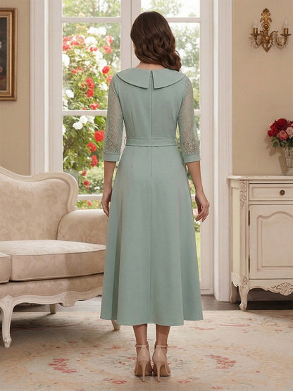 Robe Mère de la Mariée Ligne A Col en V Manches 3/4 Longueur Cheville avec Nœud Papillon