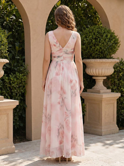 Robe de Demoiselle d'Honneur Grande Taille A-Ligne Col en V Sans Manches Longueur Sol avec Fronces