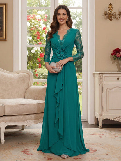 Robe Mère de la Mariée Ligne A Col en V Manches 3/4 Longueur au Sol à Volants & Dentelle