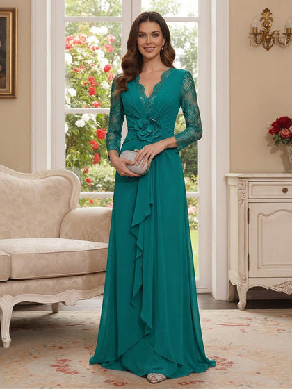 Robe Mère de la Mariée Ligne A Col en V Manches 3/4 Longueur au Sol à Volants & Dentelle