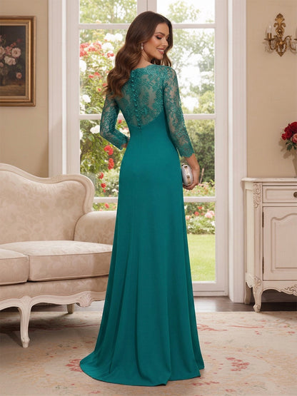 Robe Mère de la Mariée Ligne A Col en V Manches 3/4 Longueur au Sol à Volants & Dentelle