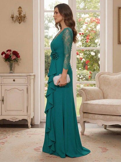 Robe Mère de la Mariée Ligne A Col en V Manches 3/4 Longueur au Sol à Volants & Dentelle