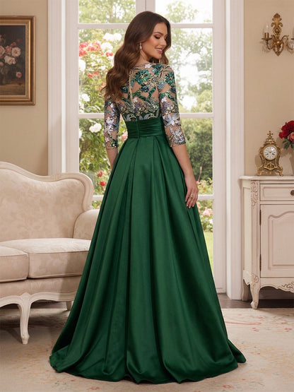 Robe Mère de la Mariée Ligne A Col Rond Manches 3/4 Longueur au Sol avec Appliques & Plis