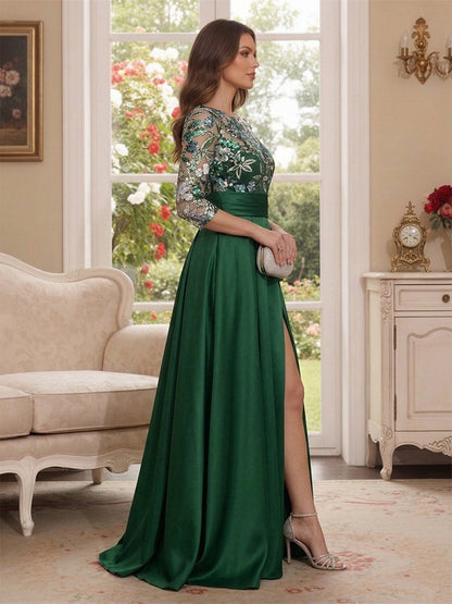 Robe Mère de la Mariée Ligne A Col Rond Manches 3/4 Longueur au Sol avec Appliques & Plis