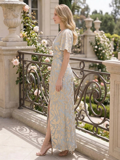 Robe Mère de la Mariée Fourreau Col en V Manches Courtes Longueur Cheville avec Fente Latérale & Plis