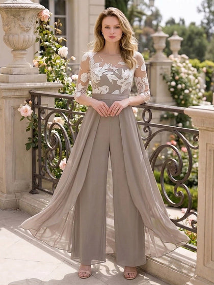 Combinaisons Scoop 3/4 Manches La Longueur du Sol Robes Mère de la Mariée avec Appliqué & Dentelle