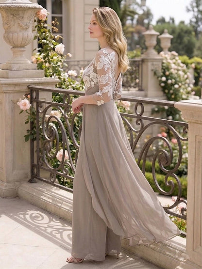 Combinaison Pantalon de Mariage Col Rond à Manches 3/4 Longueur Sol avec Appliques et Dentelle