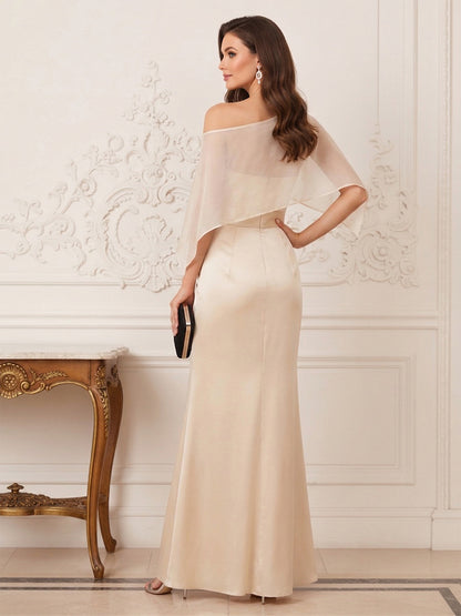 Robe Mère de la Mariée Fourreau Col Bateau Manches Courtes Longueur au Sol avec Fleurs 3D