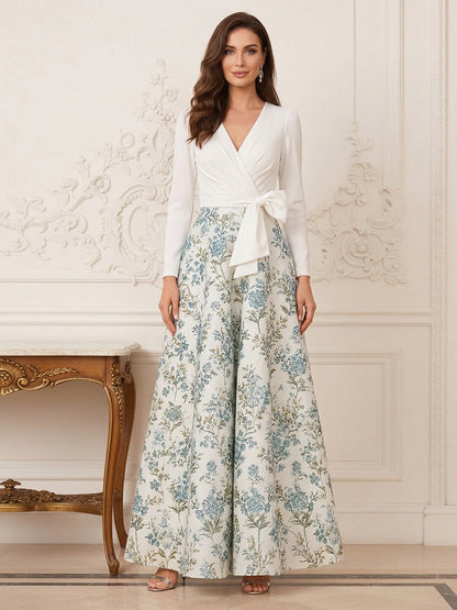 Robe Mère de la Mariée Ligne A Col en V Manches 3/4 Longueur Cheville Plissée avec Nœud