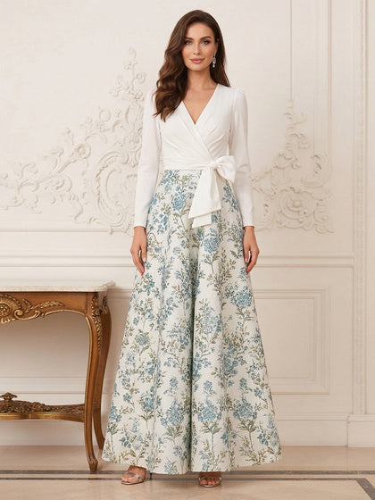 Robe Mère de la Mariée Ligne A Col en V Manches 3/4 Longueur Cheville Plissée avec Nœud