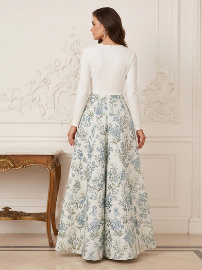Robe Mère de la Mariée Ligne A Col en V Manches 3/4 Longueur Cheville Plissée avec Nœud