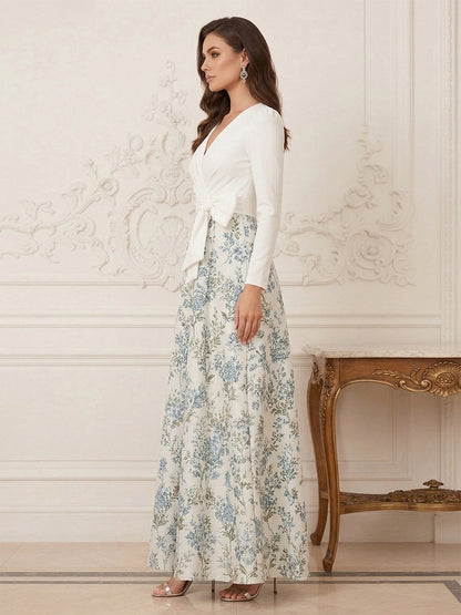Robe Mère de la Mariée Ligne A Col en V Manches 3/4 Longueur Cheville Plissée avec Nœud