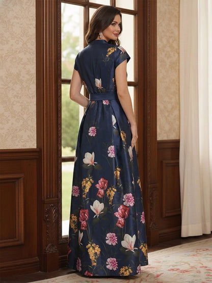 Robe Mère de la Mariée Ligne A Col en V Manches Courtes Longueur au Sol à Poches & Fente Latérale