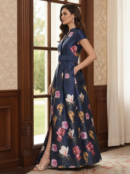 Robe Mère de la Mariée Ligne A Col en V Manches Courtes Longueur au Sol à Poches & Fente Latérale