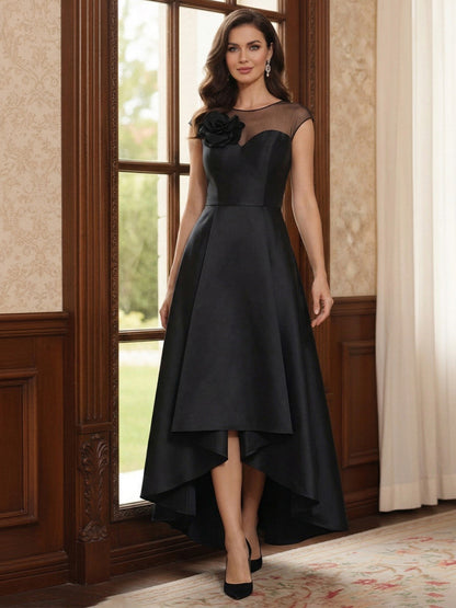 Robe Mère de la Mariée Ligne A Asymétrique Col Rond Sans Manches avec Fleurs 3D