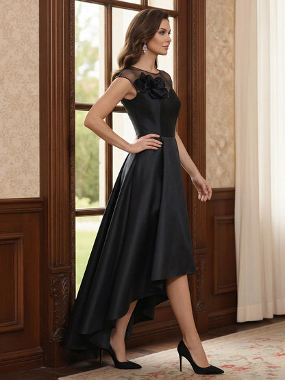 Robe Mère de la Mariée Ligne A Asymétrique Col Rond Sans Manches avec Fleurs 3D
