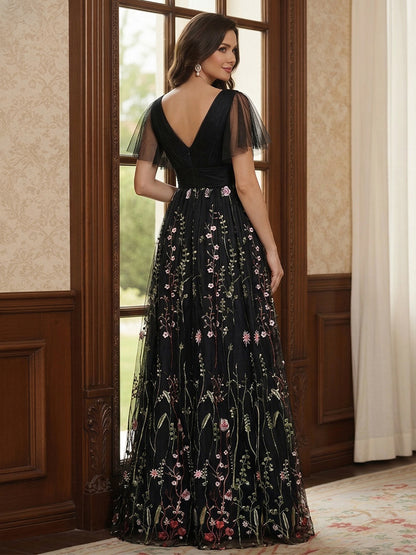 Robe Mère de la Mariée Ligne A Col en V Manches Courtes Longueur au Sol avec Appliques