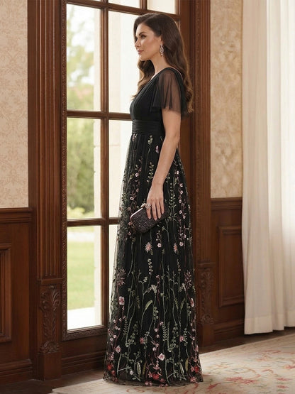 Robe Mère de la Mariée Ligne A Col en V Manches Courtes Longueur au Sol avec Appliques