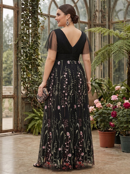 Robe Mère de la Mariée Grande Taille Coupe A-Ligne/Princesse Col en V à Manches Courtes Longueur Sol avec Appliques