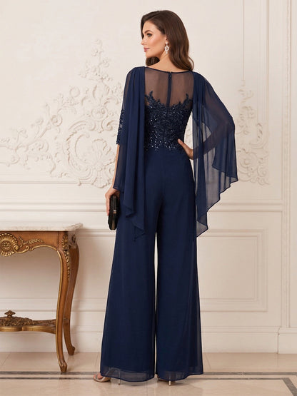Combinaison Pantalon Mère de la Mariée Col Bénitier Manches Mi-longues Longueur au Sol avec Paillettes & Appliques