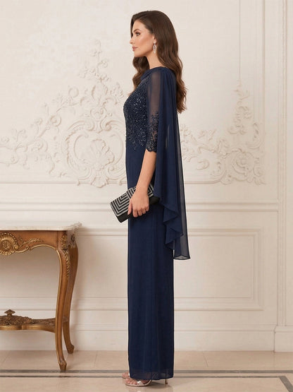 Combinaison Pantalon Mère de la Mariée Col Bénitier Manches Mi-longues Longueur au Sol avec Paillettes & Appliques