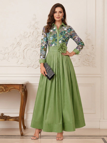 Robe Mère de la Mariée Ligne A Col Chemise Manches Longues Longueur au Sol avec Appliques & Fleurs 3D
