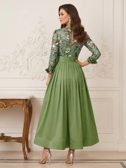 Robe Mère de la Mariée Ligne A Col Chemise Manches Longues Longueur au Sol avec Appliques & Fleurs 3D