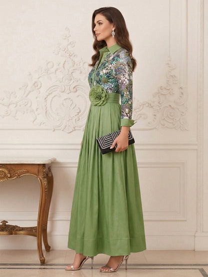 Robe Mère de la Mariée Ligne A Col Chemise Manches Longues Longueur au Sol avec Appliques & Fleurs 3D