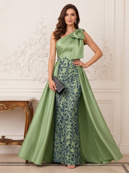 Robe Mère de la Mariée Fourreau Asymétrique Sans Manches Longueur au Sol avec Appliques & Nœud