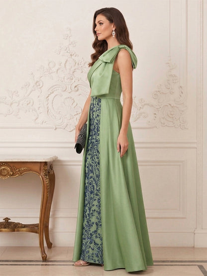 Robe Mère de la Mariée Fourreau Asymétrique Sans Manches Longueur au Sol avec Appliques & Nœud