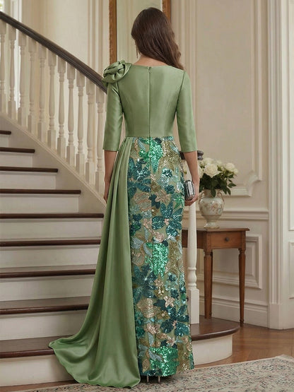 Robe Mère de la Mariée Fourreau Col en V Manches 3/4 Longueur au Sol avec Paillettes & Fleurs 3D
