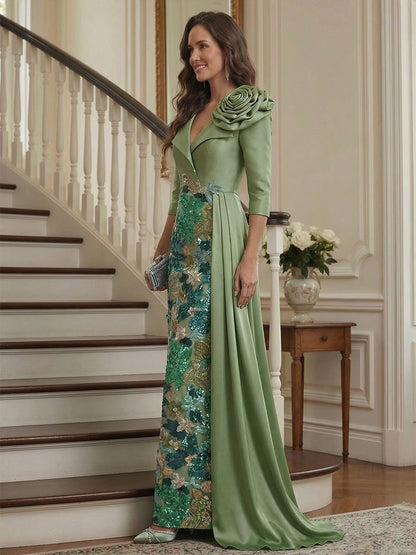 Robe Mère de la Mariée Fourreau Col en V Manches 3/4 Longueur au Sol avec Paillettes & Fleurs 3D