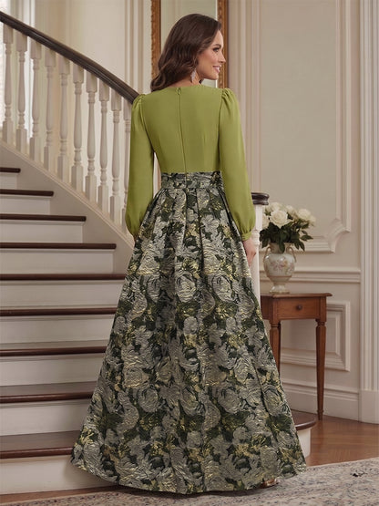 Robe Mère de la Mariée Ligne A Col en V Manches Longues Longueur au Sol with Fente Latérale & Fleurs 3D