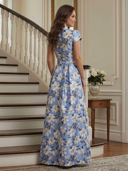 Robe Mère de la Mariée Ligne A Col Haut Mancherons Longueur au Sol avec Ceinture