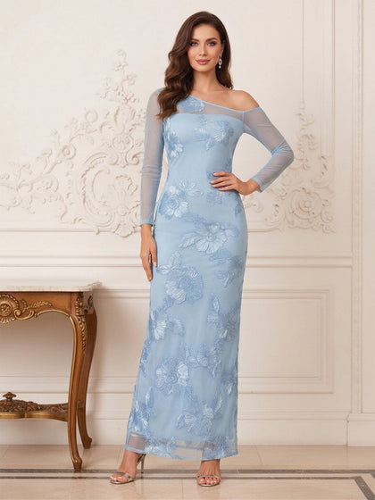 Robe Mère de la Mariée Fourreau Asymétrique Manches Longues Transparentes Longueur Cheville avec Broderie