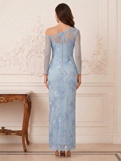 Robe Mère de la Mariée Fourreau Asymétrique Manches Longues Transparentes Longueur Cheville avec Broderie