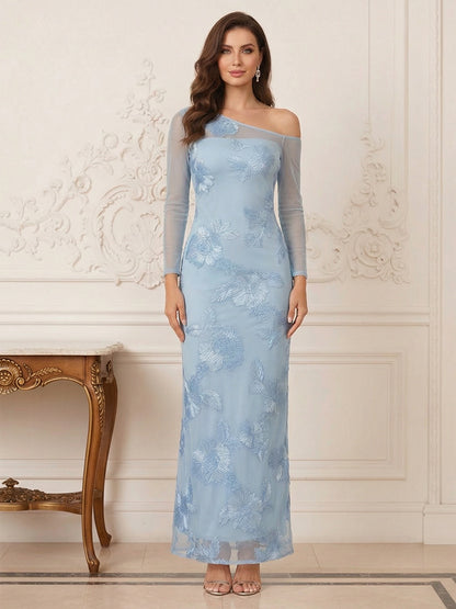 Robe Mère de la Mariée Fourreau Asymétrique Manches Longues Transparentes Longueur Cheville avec Broderie