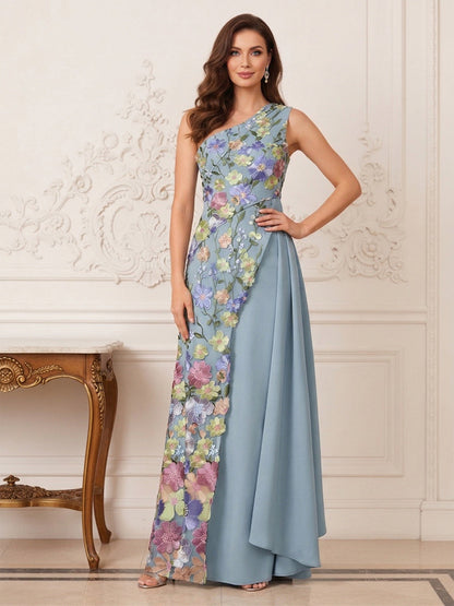 Robe Mère de la Mariée Fourreau Asymétrique Sans Manches Longueur au Sol à Volants & Broderie