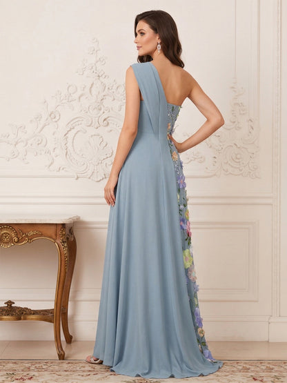 Robe Mère de la Mariée Fourreau Asymétrique Sans Manches Longueur au Sol à Volants & Broderie