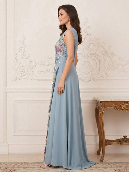 Robe Mère de la Mariée Fourreau Asymétrique Sans Manches Longueur au Sol à Volants & Broderie