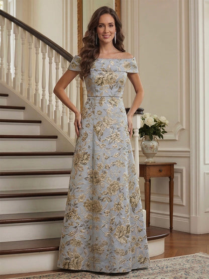 Robe Imprimée Mère de la Mariée Ligne A Épaules Dénudées Manches Courtes Longueur au Sol