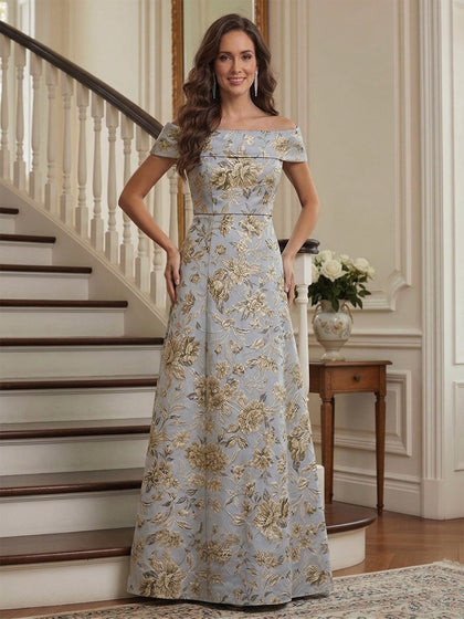 Robe Imprimée Mère de la Mariée Ligne A Épaules Dénudées Manches Courtes Longueur au Sol