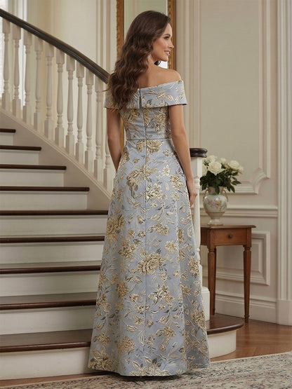 Robe Imprimée Mère de la Mariée Ligne A Épaules Dénudées Manches Courtes Longueur au Sol