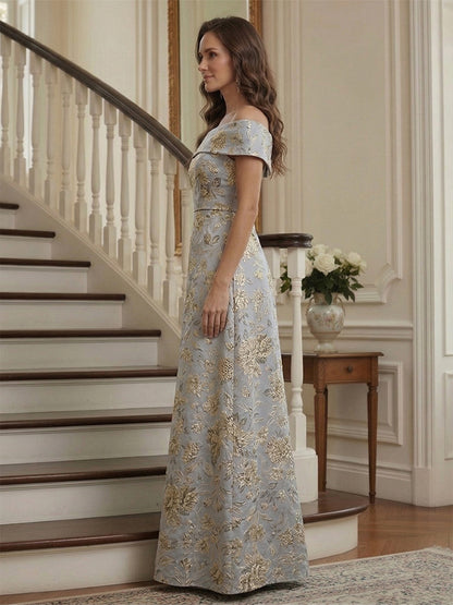 Robe Imprimée Mère de la Mariée Ligne A Épaules Dénudées Manches Courtes Longueur au Sol