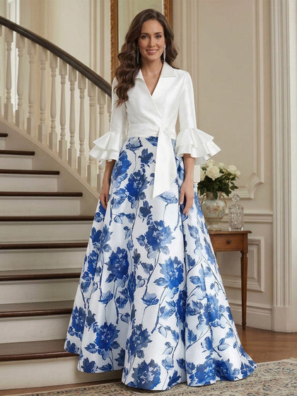 Robe Mère de la Mariée Ligne A Col en V Manches 3/4 Longueur au Sol à Volants
