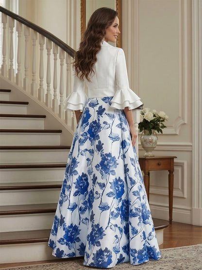 Robe Mère de la Mariée Ligne A Col en V Manches 3/4 Longueur au Sol à Volants