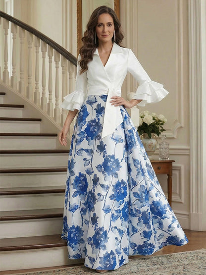 Robe Mère de la Mariée Ligne A Col en V Manches 3/4 Longueur au Sol à Volants