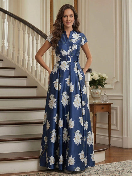 Robe Mère de la Mariée Ligne A Col en V Manches Courtes Longueur Cheville avec Ceinture