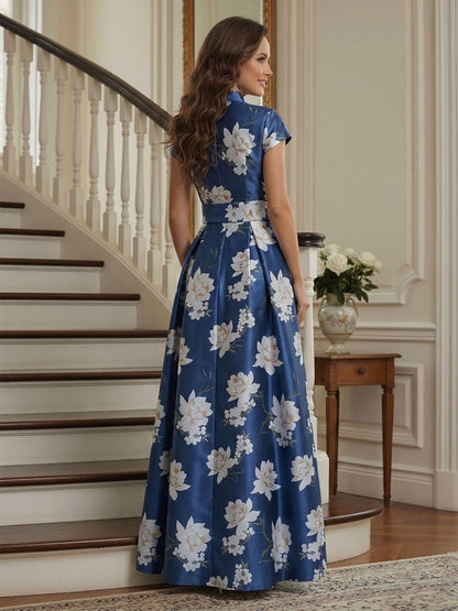 Robe Mère de la Mariée Ligne A Col en V Manches Courtes Longueur Cheville avec Ceinture